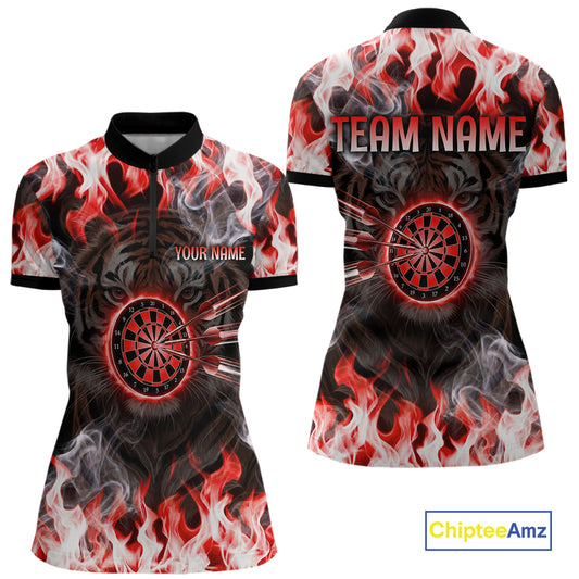 Red Flaming Tiger Women Dart 1/4-Zip Shirts Personalized Name & Team Fire Flame Dart Jerseys NYN2102
