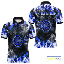 Load image into Gallery viewer, Blue Flaming Tiger Men Dart Polo Shirts Personalized Name &amp; Team Fire Flame Dart Jerseys NYN2103