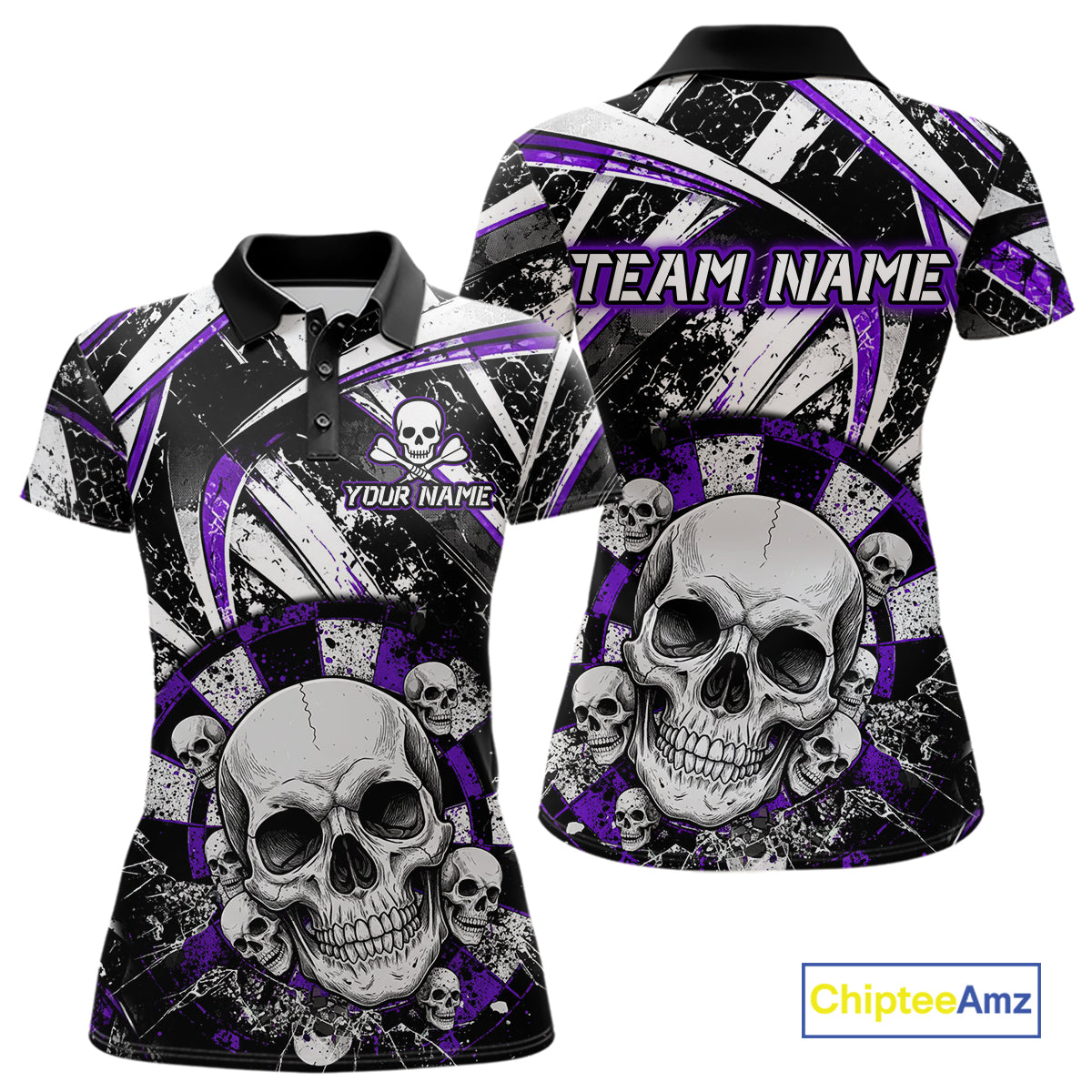 Black & Purple Dartboard Grunge Women Darts Polo Shirts Custom Multi-Skull Dart Team Jerseys NYN2350