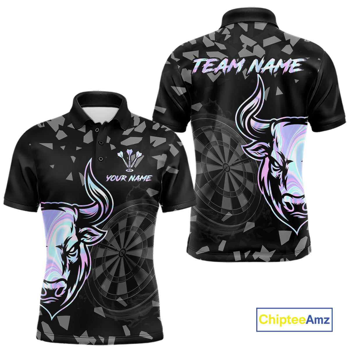 Bull & Dartboard Custom Grunge Men's Darts Polo Shirt Holographic Darts Team Jersey NYN2353
