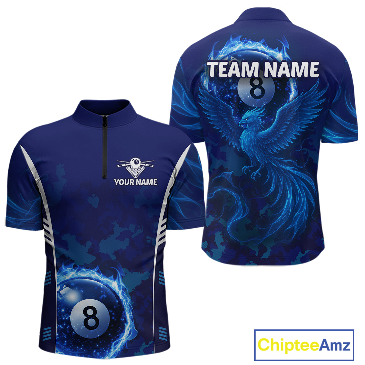 Blue Camouflage Men's Billiard Polo & 1/4 Zip Shirt Custom Flame 8 Ball Billiard Jerseys NYN2359