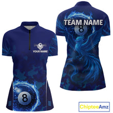 Load image into Gallery viewer, Blue Camouflage Women's Billiard Polo &amp; 1/4 Zip Shirt Custom Flame 8 Ball Billiard Jerseys NYN2359