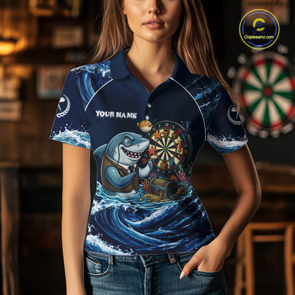 Blue Waving Funny Shark Play Darts Polo & 1/4-Zip Shirt For Women Custom Name Dart Jersey For Darters NYN2977