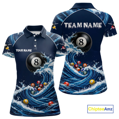 Blue Waving 8 Ball Pool Shirts Custom Billiard Pool Shirts For Women 3D Billiard Team Attire NYN2978