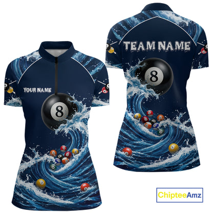 Blue Waving 8 Ball Pool Shirts Custom Billiard Pool Shirts For Women 3D Billiard Team Attire NYN2978