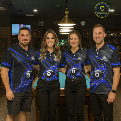 Fire Flame 9 Ball Billiard Team Shirt For Men Custom Black And Blue Pool Billiard Team Jersey NYN3969