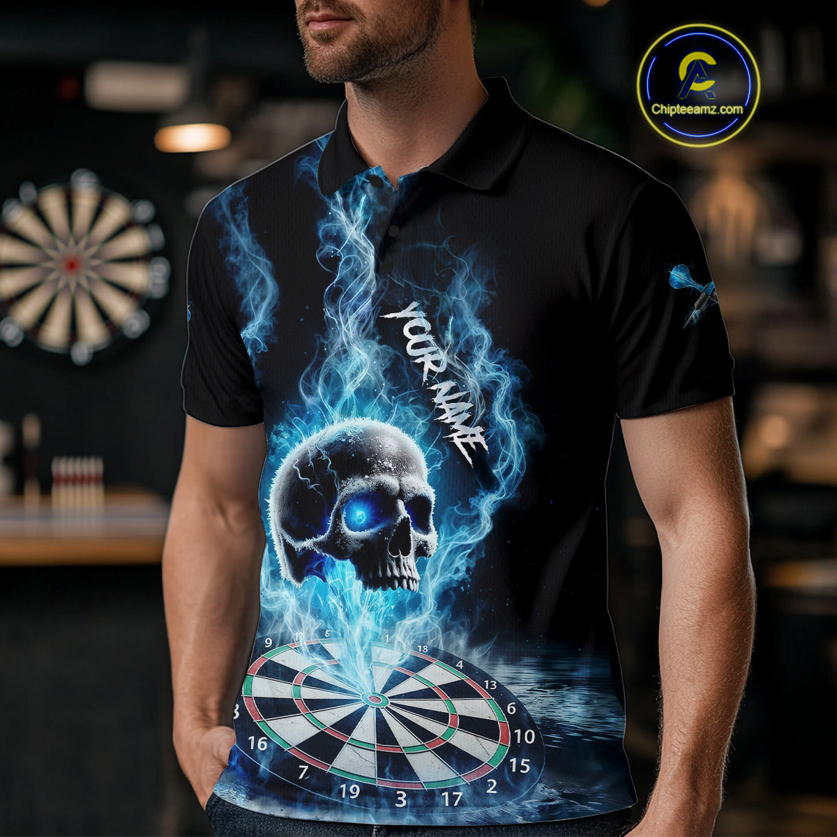 Custom Blue Ice Smoke Skull Dartboard Darts Polo Shirt For Men Dart League Jerseys NYN2122