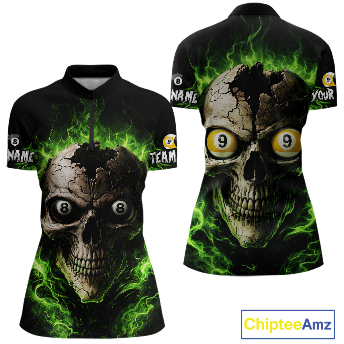 Green Flaming Cracked Skull 8 Ball & 9 Ball Pool Billiard Shirt For Women Custom Billiard Apparel NYN2635