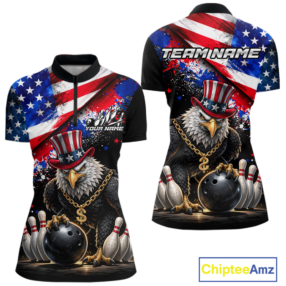 Custom American Flag Splatter Eagle Bowling Team Shirts For Men Patriotic Outfits Bowling Jersey NYN2779
