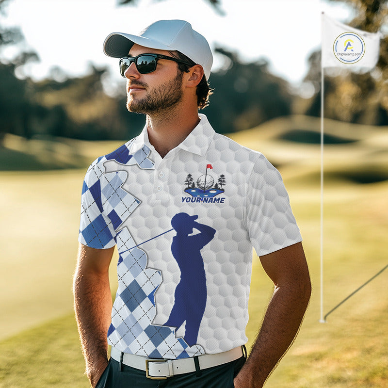 Custom Argyle Pattern Golf Polo Shirts For Men, Blue Argyle Golf Ball White Golf Clothing Shirts NYN2990