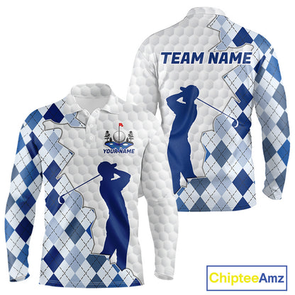 Custom Argyle Pattern Golf Polo Shirts For Men, Blue Argyle Golf Ball White Golf Clothing Shirts NYN2990