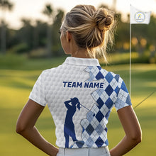 Load image into Gallery viewer, Custom Argyle Pattern Golf Polo Shirts For Women, Blue Argyle Golf Ball White Golf Clothing Shirts NYN2990
