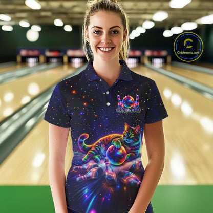 Funny Cat Bowling Polo Quarter-Zip Shirts For Women Custom Colorful Bowling Galaxy Team Jerseys NYN3417