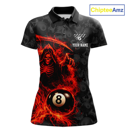 Personalized Red Flaming Grim Reaper 8 Ball Pool Billiard Shirts For Women Billiard Attire Gifts NYN2792