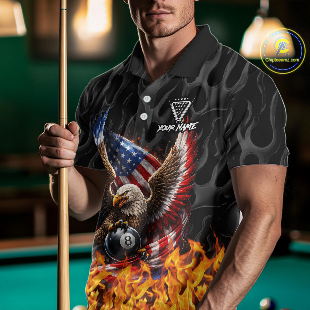Personalized Fire Flame US Flag Eagle 8 Ball Pool Billiard Shirts For Men Patriotic Billiard Gifts NYN2793