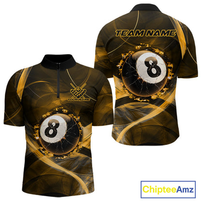 
Yellow Smoke Cracked 8 Ball Pool Shirt For Men Custom Billiard Polo Quarter Zip Team Jersey