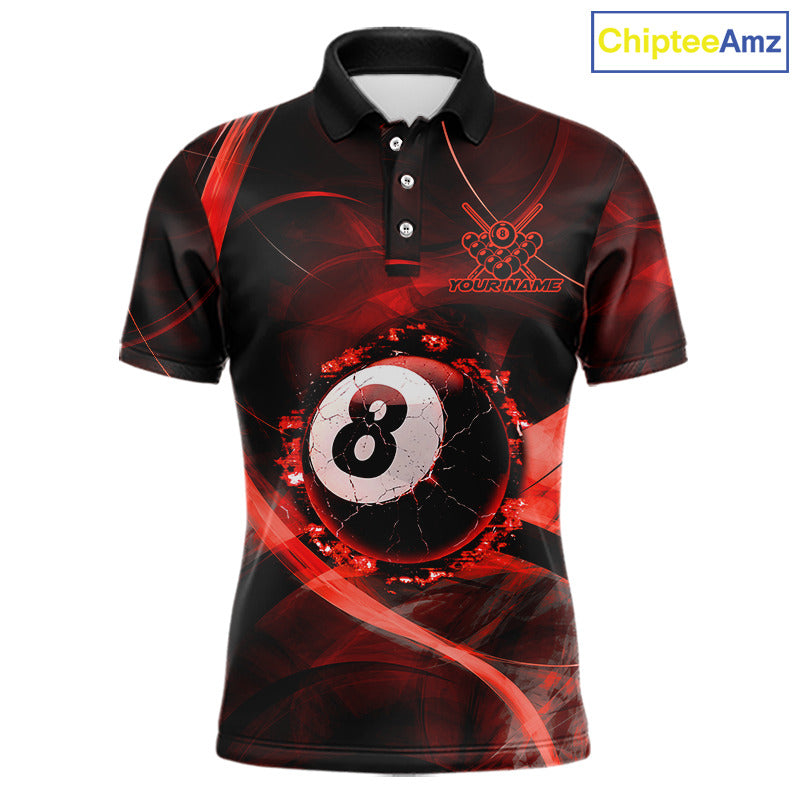 Red Smoke Cracked 8 Ball Pool Shirt For Men Custom Billiard Polo Quarter Zip Team Jersey