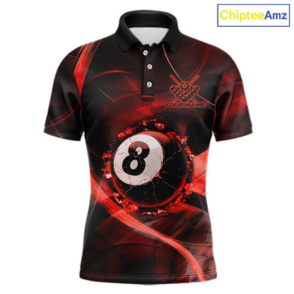 Red Smoke Cracked 8 Ball Pool Shirt For Men Custom Billiard Polo Quarter Zip Team Jersey