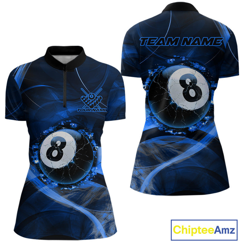 Blue Smoke Cracked 8 Ball Pool Shirt For Women Custom Billiard Polo Quarter Zip Team Jersey