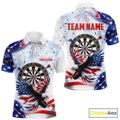 American Flag Eagle men's darts polo with patriotic USA graphics, personalized dart tournament jersey, military appreciation apparel, custom league sportswear