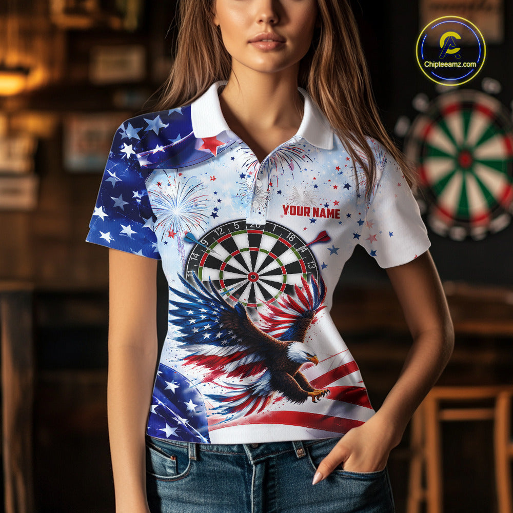 Female model wearing American Flag Eagle darts polo, patriotic women's dart tournament jersey, custom USA league apparel, championship athletic uniform