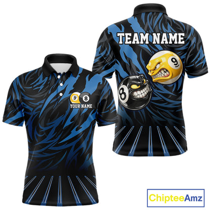 Funny 8 Ball & 9 Ball Billiard Polo & 1/4 Zip For Men Custom Pool Cue Pattern Billiard Jerseys |Blue NYN3018