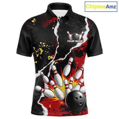 Grunge Black & Red Strike Bowling Ball & Pins Shirts For Men Personalized Bowling Team Outfits NYN3186