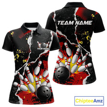 Load image into Gallery viewer, Grunge Black &amp; Red Strike Bowling Ball &amp; Pins Shirts For Women Personalized Bowling Team Outfits NYN3186