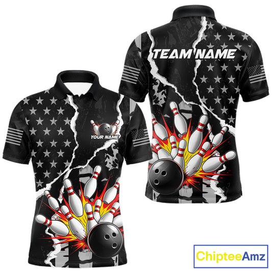Grunge Black US Flag Strike Bowling Ball & Pins Shirts  For Men Custom Patriot Bowling Team Outfits NYN3186