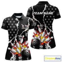Load image into Gallery viewer, Grunge Black US Flag Strike Bowling Ball &amp; Pins Shirts  For Women Custom Patriot Bowling Team Outfits NYN3186