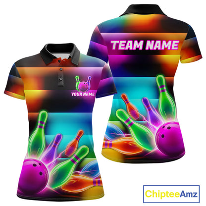 Neon light bowling team shirt for women colorful bowling ball and pins jersey