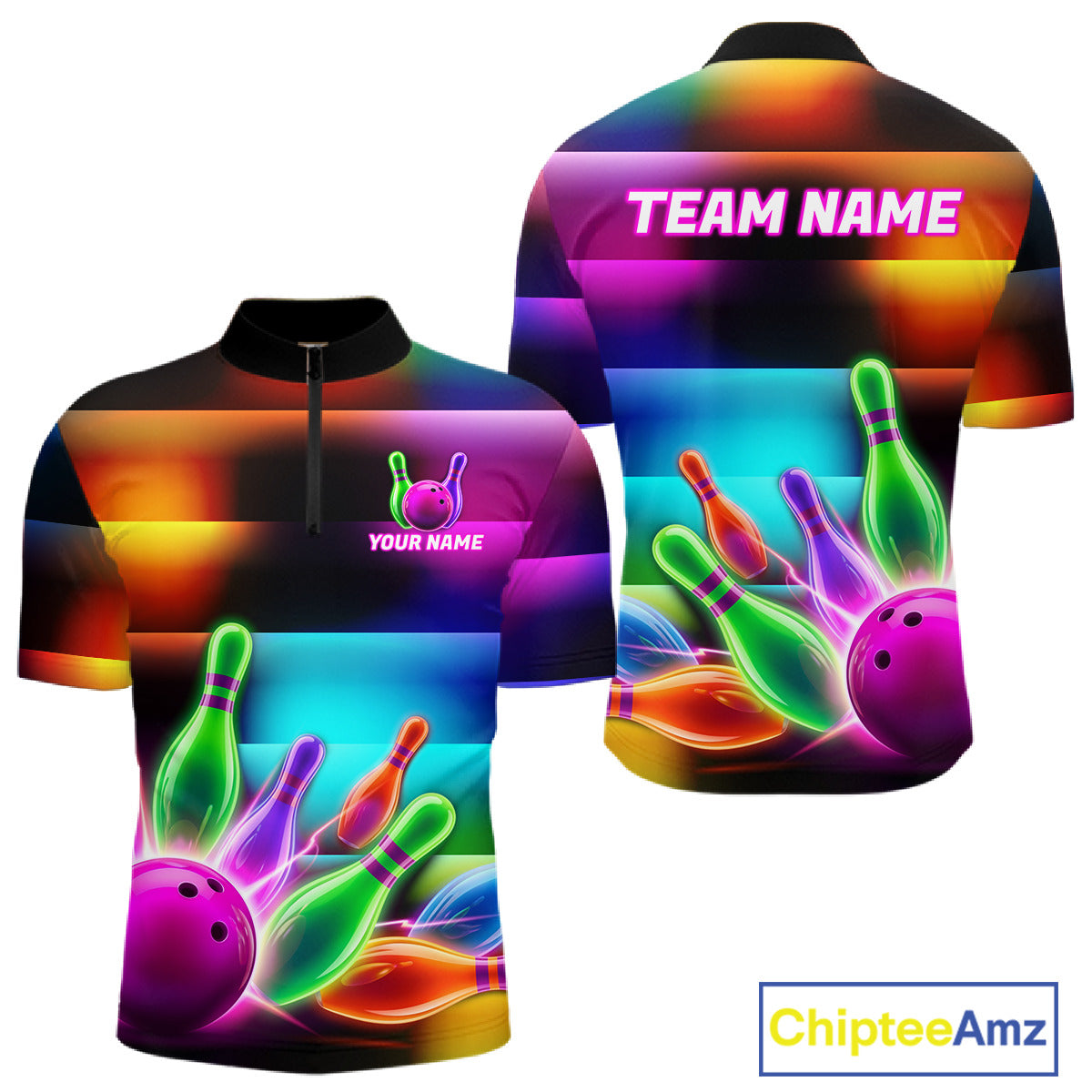 Neon light bowling team shirt for men colorful bowling ball and pins jersey