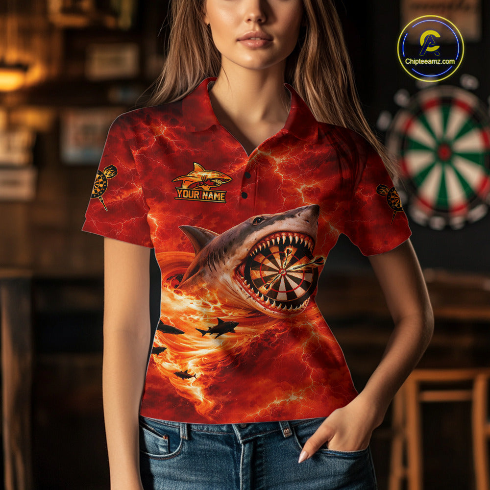 Fire Flame Tornado Funny Shark Darts Polo Shirt For Women Custom Dart Team League Shirt|Red NYN2657