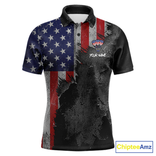 Personalized Grunge American Flag Eagle Men's Darts Polo Shirt Mockup, USA Dart Tournament Uniform
