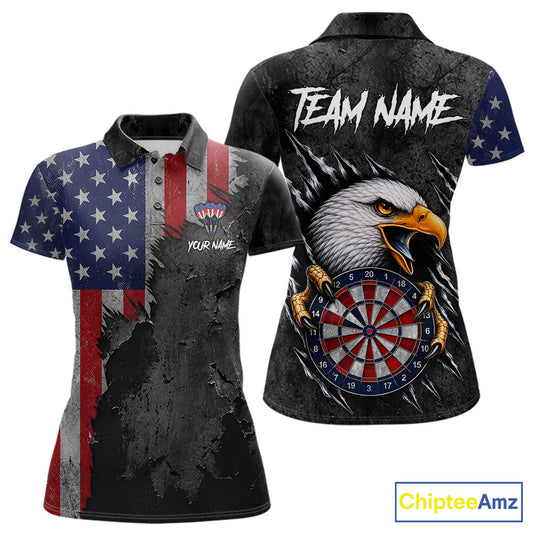 Personalized Grunge American Flag Eagle Women's Darts Polo Shirt Mockup, Patriotic Dart Team Jersey