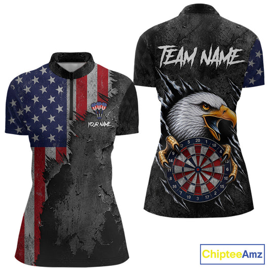 American Flag Eagle Women's Quarter-Zip Darts Shirt Mockup, Patriotic Personalized League Jersey