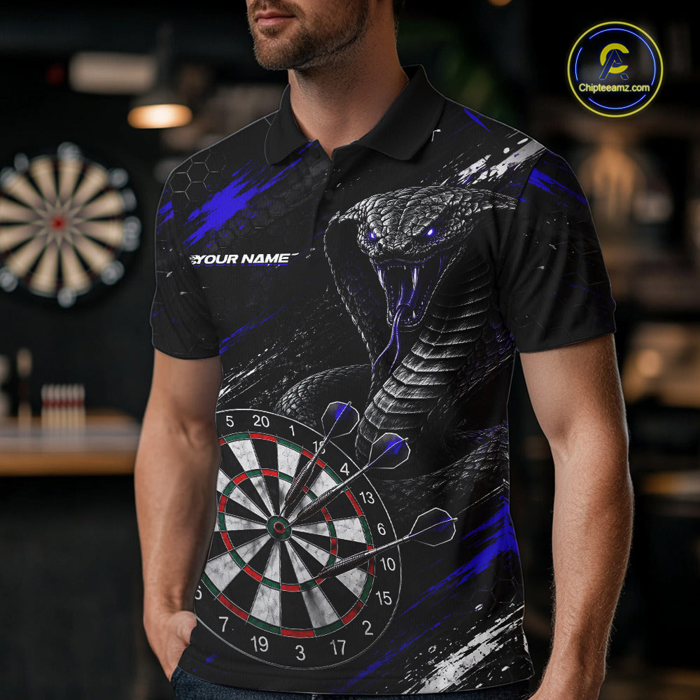 Male model wearing Black Blue Cobra Darts Polo, Personalized Tournament Uniform