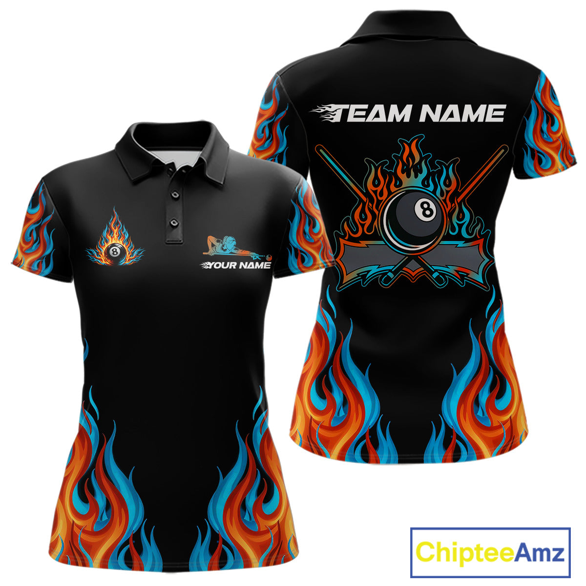 Red And Blue Flames 8 Ball Pool Billiard Team Shirt For Women Custom Billiard Balls Jerseys NYN2441