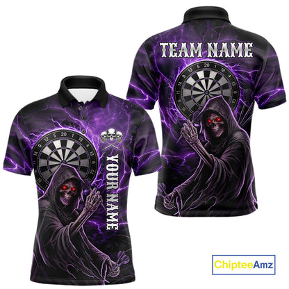 Grunge Purple Grim Reaper Men Darts Polo & 1/4-Zip Shirts Custom Thunder Lightning Darts Team Jersey NYN3037