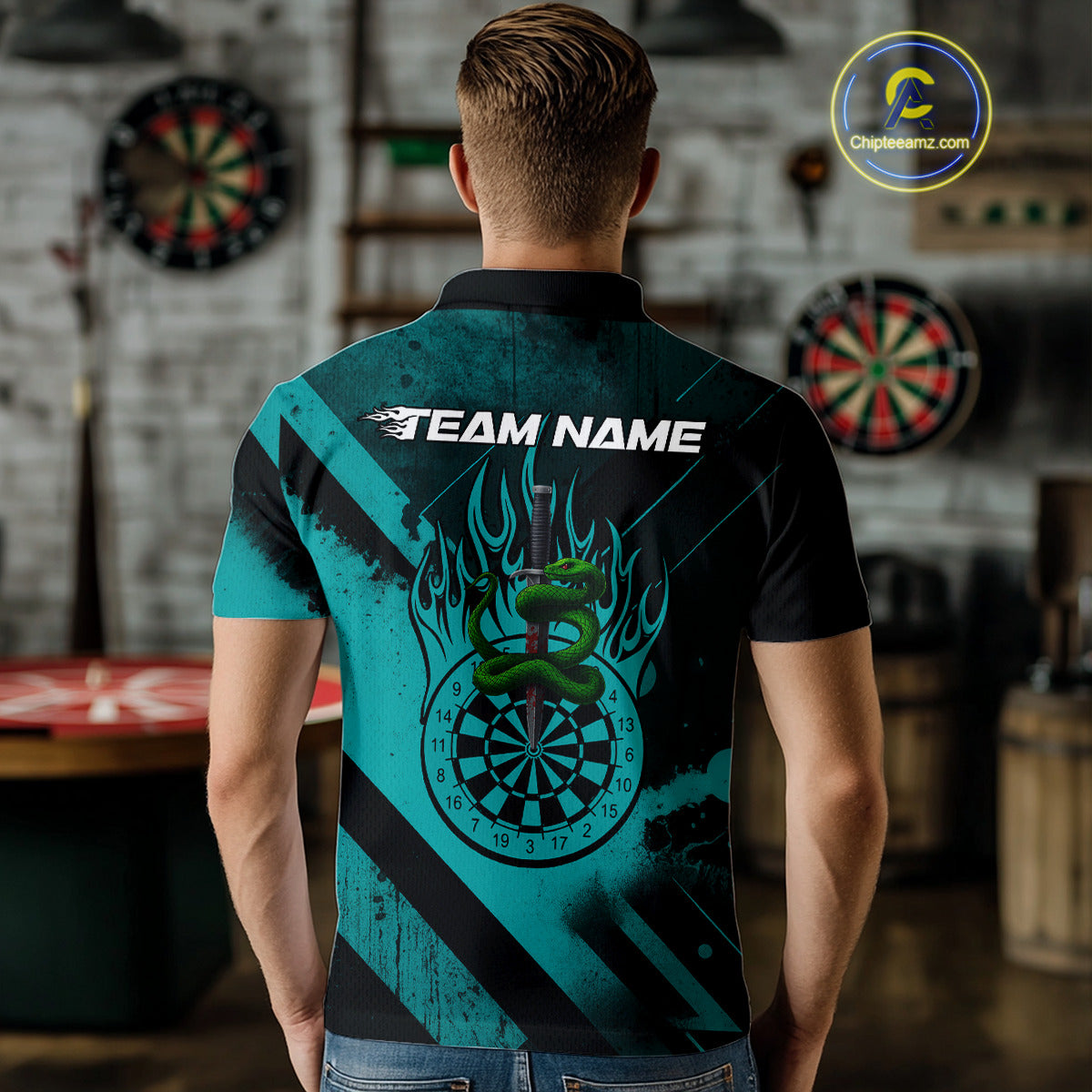 Custom Green Cobra Flames Dartboard Turquoise Grunge Dart Men Polo Jerseys Dart Shirt Gifts NYN1644