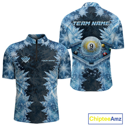 Icy Pattern Blue 9 Ball Pool Billiard Team Shirt For Men Custom Snowflake Billiards Ball Attire NYN3043