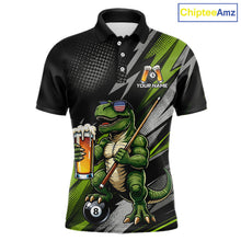 Load image into Gallery viewer, Green Funny Dinosaur men's billiard polo featuring drinking beer dinosaur artwork, personalized 8 Ball cue sports jersey, custom pool tournament apparel, fun league performance clothing, novelty athletic uniform