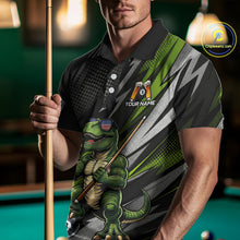 Load image into Gallery viewer, Male model wearing Funny Dinosaur pool jersey featuring beer-drinking dinosaur mascot, personalized cue sports tournament apparel, championship league clothing, novelty sportswear for fun-loving competitors
