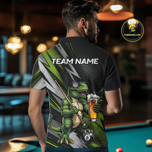 Load image into Gallery viewer, Male model wearing Funny Dinosaur pool jersey featuring beer-drinking dinosaur mascot, personalized cue sports tournament apparel, championship league clothing, novelty sportswear for fun-loving competitors