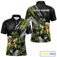 Load image into Gallery viewer, Green Funny Dinosaur men's billiard polo featuring drinking beer dinosaur artwork, personalized 8 Ball cue sports jersey, custom pool tournament apparel, fun league performance clothing, novelty athletic uniform