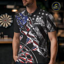 Load image into Gallery viewer, Male dart player wearing personalized Smoke US Flag patriotic dart jersey