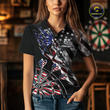Load image into Gallery viewer, Female dart player wearing personalized Smoke US Flag patriotic dart jersey during dart tournament competition