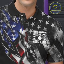 Load image into Gallery viewer, Male bowler wearing personalized Smoke US Flag bowling jersey during league tournament competition, patriotic bowling apparel