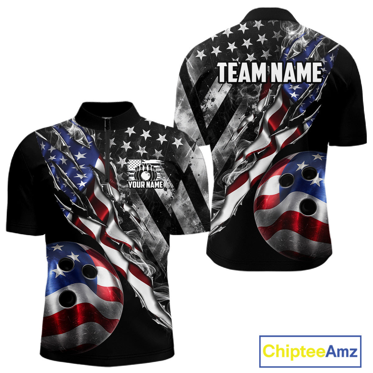 Personalized Smoke US Flag men's quarter zip bowling shirt patriotic bowling team jersey, custom bowling uniform, professional bowling apparel