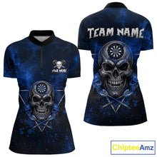 Load image into Gallery viewer, Custom Blue Splatter Multi-Skull Women Darts Arrow Quarter-Zip League Shirts Dart Team Jerseys NYN2201